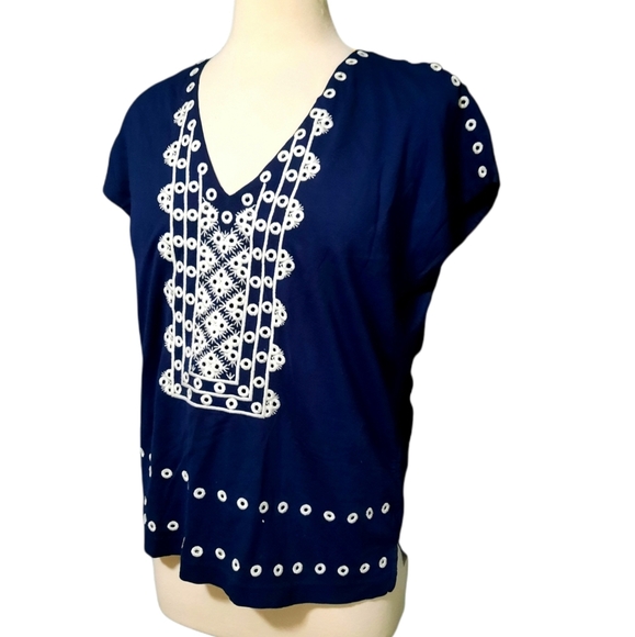 J Crew Vneck Blouse Shirt S Short Sleeve Navy Blue White Embroidered Flo… - Picture 2 of 3